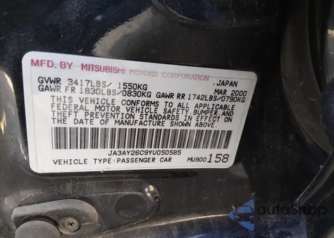 2000 Mitsubishi Mirage De z USA, uszkodzony, nr VIN JA3AY26C9YU050585